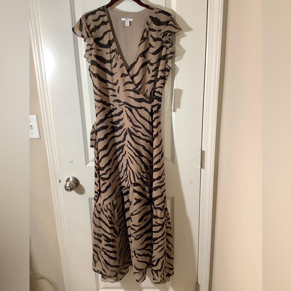 Bar III wrap dress Zebra print in brown & Tan v-neck ruffle sleeve & hem PM